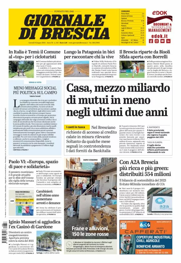 Prima-pagina-giornale di brescia-oggi-edizione-del-2024-06-06